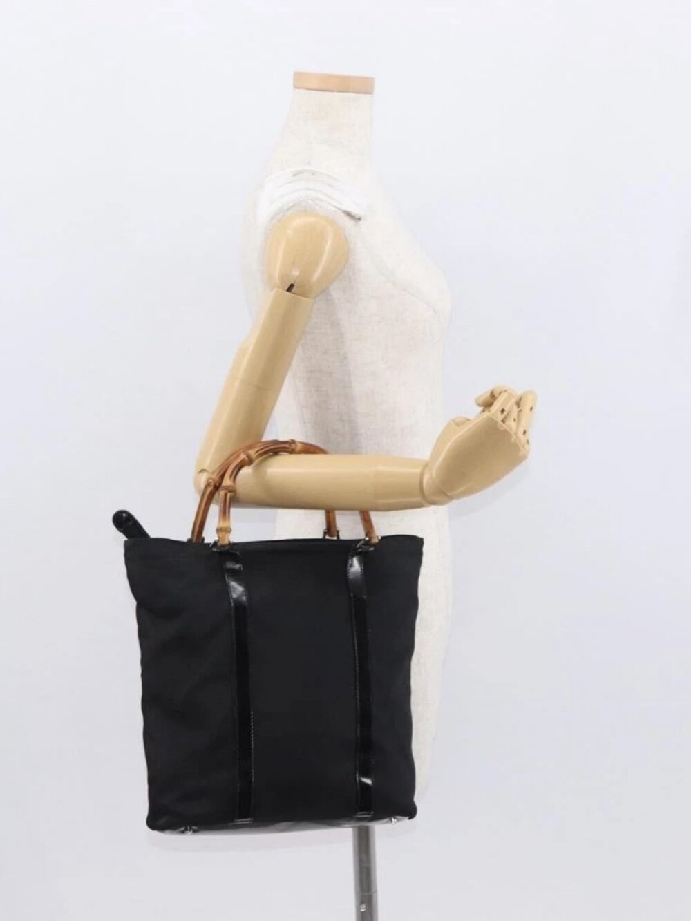 GUCCI Bamboo Hand Bag Nylon Black Silver 000 1998 0508 Auth kk602